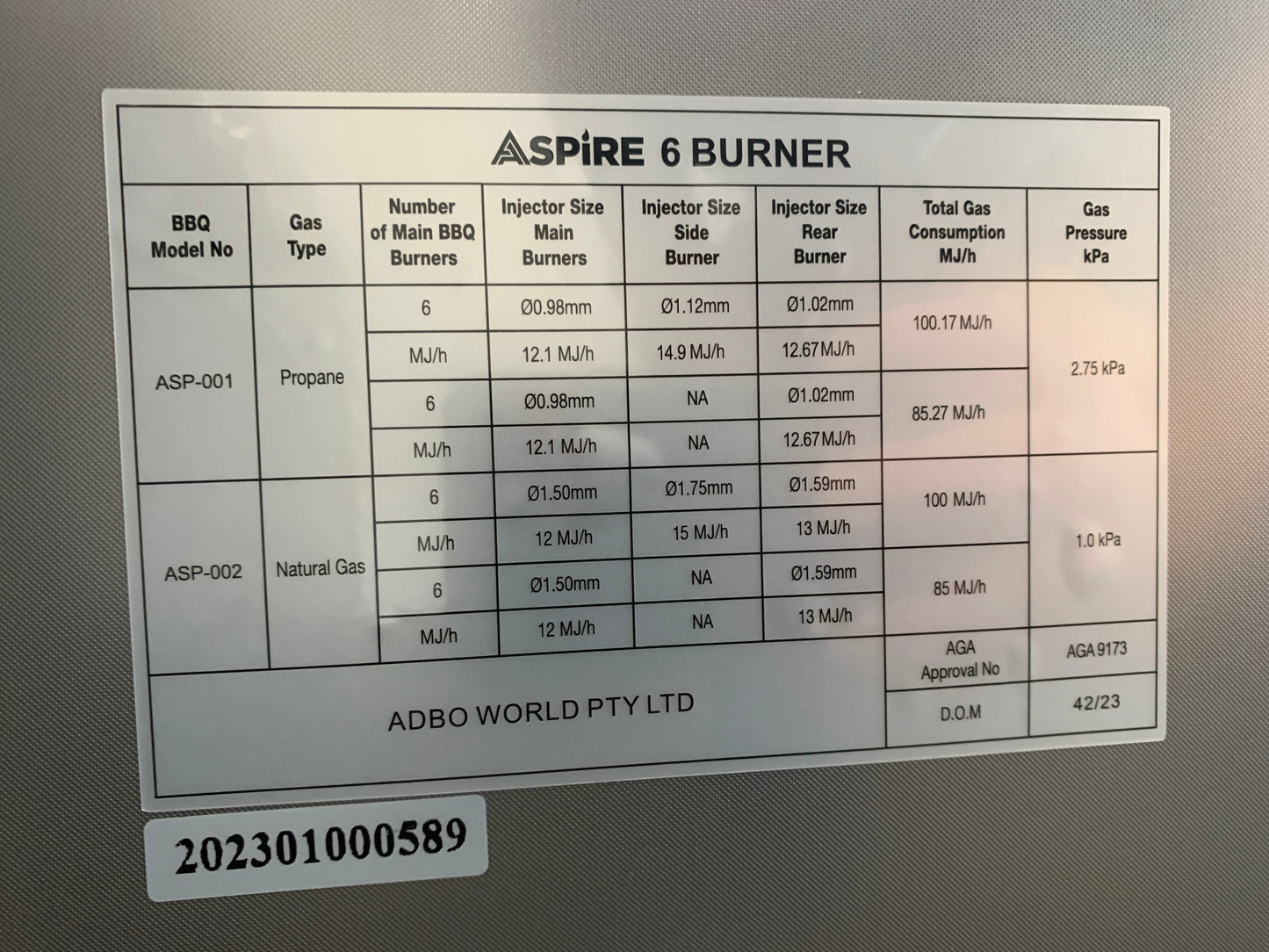 Aspire 6 Burner NAT GAS Combination with Double door Refridgerator, double door floor cabinet, corner cabinet and Sink Cabinets NATURAL GAS (does not include hose & Nat gas governor, they are supplied by an authorised Gas fitter / plumber)