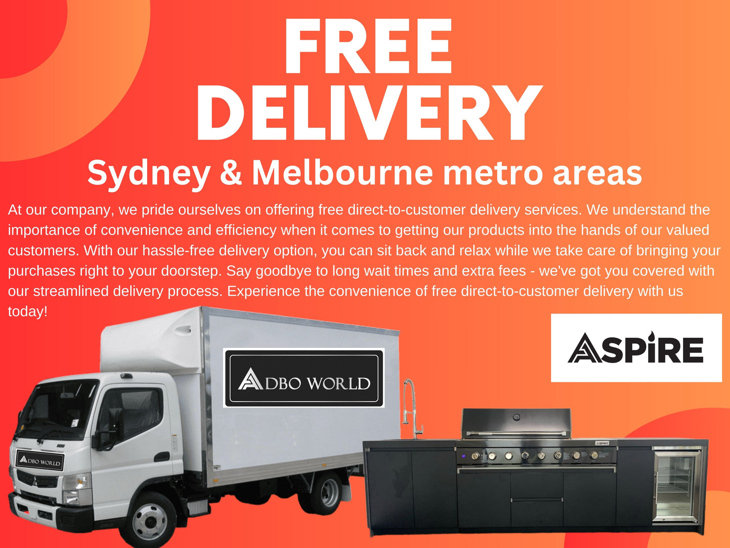 Aspire 6 Burner NAT GAS Combination with Double door Refridgerator, double door floor cabinet, corner cabinet and Sink Cabinets NATURAL GAS (does not include hose & Nat gas governor, they are supplied by an authorised Gas fitter / plumber)