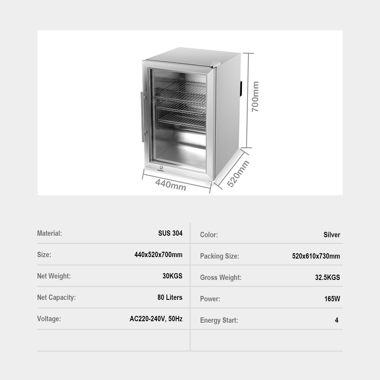 Aspire Single Door Stainless Steel Fridge